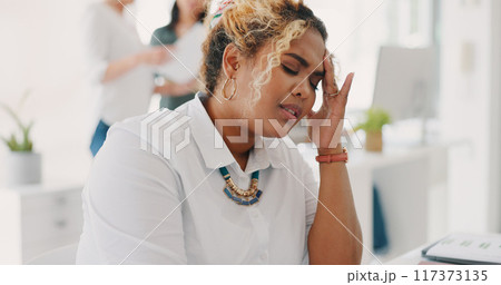 Frustrated woman, face and headache in stress, burnout or anxiety from mistake or overworked at office. Female person or employee with migraine in depression, mental health or pressure at workplace 117373135