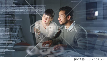 Business people, code with collaboration and information technology, computer for coding, partnership and overlay. Software development, team meeting and man with woman in office, focus and typing Business people, code with collaboration and information technology, computer for coding, partnership and overlay. Software development, team meeting and man with woman in office, focus and typing 117373172