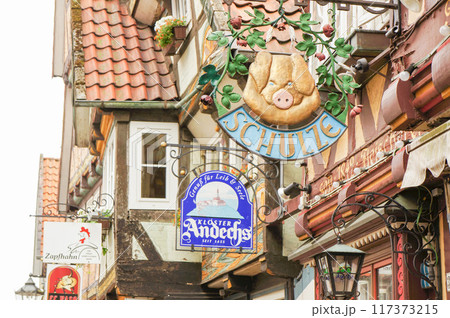 かわいい店先の看板が並ぶ町中 117373215