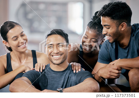 Fitness people, diversity and friends workout together, happy in portrait with motivation, team and exercise. Solidarity, support and success, health and wellness lifestyle with healthy group in gym 117373501