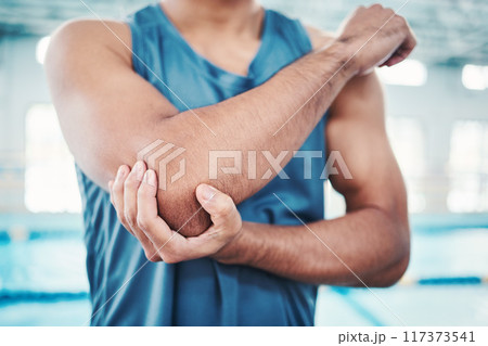 Swimming pool, sports and man with elbow pain from injury, muscle ache and joint inflammation. Arthritis, medical aid and male hands with accident, strain or bruise from fitness, exercise or training Swimming pool, sports and man with elbow pain from injury, muscle ache and joint inflammation. Arthritis, medical aid and male hands with accident, strain or bruise from fitness, exercise or training 117373541