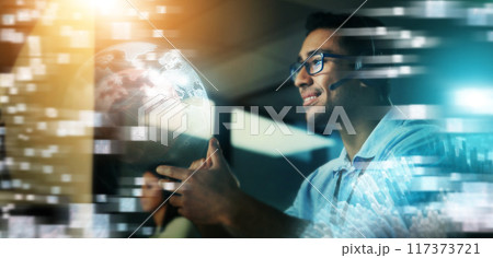 Businessman, hologram and global communication in call center for futuristic IT support or digital transformation at night in double exposure. Male consultant in big data, telemarketing or networking 117373721