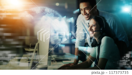 Digital marketing, futuristic and networking of call center business people in telemarketing at night in double exposure. Happy consultant smile for future global communication or big data innovation Digital marketing, futuristic and networking of call center business people in telemarketing at night in double exposure. Happy consultant smile for future global communication or big data innovation 117373735