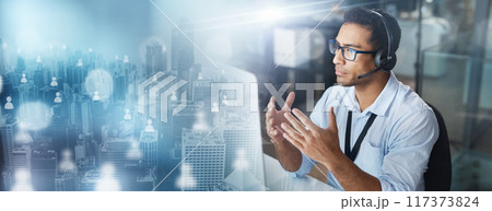 Faq, overlay or financial consultant in call center talking, networking or helping with online questions. Graphic hologram, man or insurance agent in communication at customer services or sales crm 117373824