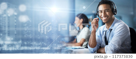Crm, overlay or portrait of man in call center smiles with pride helping, talking or networking online. Mockup, hologram or happy insurance agent in communication at customer services or sales job Crm, overlay or portrait of man in call center smiles with pride helping, talking or networking online. Mockup, hologram or happy insurance agent in communication at customer services or sales job 117373830