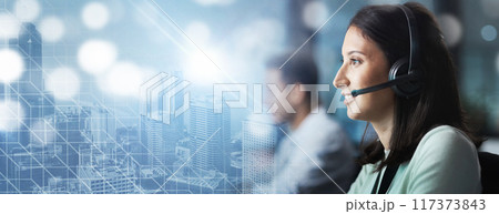 Contact us, overlay or telemarketing consultant in a call center helping, talking or networking online. City hologram, woman or insurance agent in communication at customer services or sales at desk Contact us, overlay or telemarketing consultant in a call center helping, talking or networking online. City hologram, woman or insurance agent in communication at customer services or sales at desk 117373843