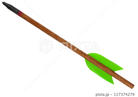 Wooden medieval crossbow bolt with green feather 117374279