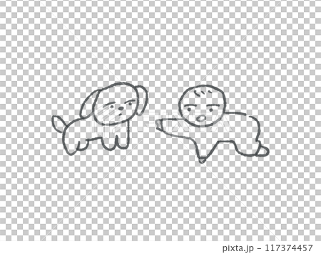 シンプルな線画の犬と赤ちゃんのイラスト(モノクロ) シンプルな線画の犬と赤ちゃんのイラスト(モノクロ) 117374457