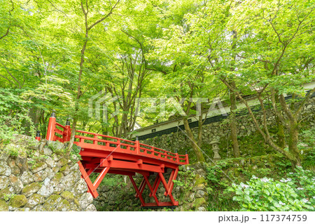 岐阜県揖斐川町　西美濃三十三霊場第一札所の新緑の横蔵寺の赤い橋 117374759