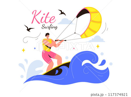 Kitesurfing Vector Illustration featuring a Kite Surfer Standing on a Kiteboard in the Summer Sea in Extreme Water Sports with a Cartoon Background 117374921