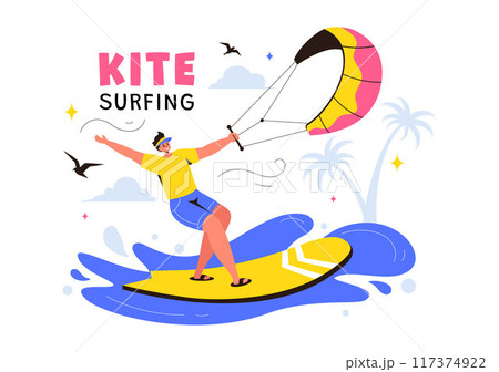 Kitesurfing Vector Illustration featuring a Kite Surfer Standing on a Kiteboard in the Summer Sea in Extreme Water Sports with a Cartoon Background 117374922
