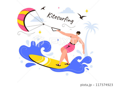 Kitesurfing Vector Illustration featuring a Kite Surfer Standing on a Kiteboard in the Summer Sea in Extreme Water Sports with a Cartoon Background 117374923