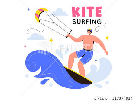 Kitesurfing Vector Illustration featuring a Kite Surfer Standing on a Kiteboard in the Summer Sea in Extreme Water Sports with a Cartoon Background 117374924
