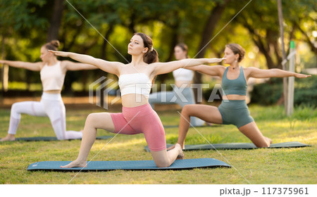 Group yoga classes in summer park - girls in different yoga poses Group yoga classes in summer park - girls in different yoga poses 117375961