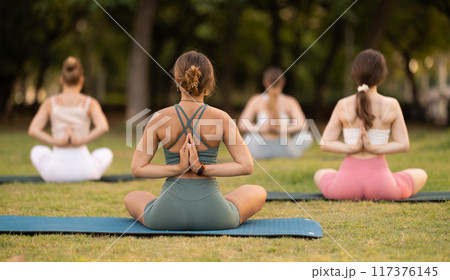 Yoga training in summer sunny park - girls in kagasana pose on mats 117376145