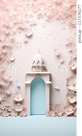 mosque and blossom flowers in paper cutting style 3D illustration. Ramadan kareem and eid fitr islamic concept background for greeting card and flyer. colorful pastel color. 117376277