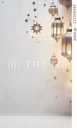 Lightened lantern over glitter bokeh background. Ramadan kareem and eid mubarak holiday celebration concept 117376347