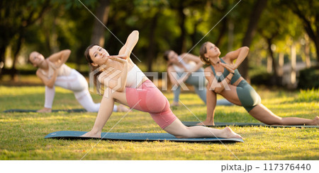 Group of young women doing yoga in park 117376440