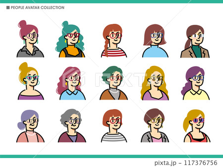 シンプルな女性アイコンのセット。めがね。 117376756