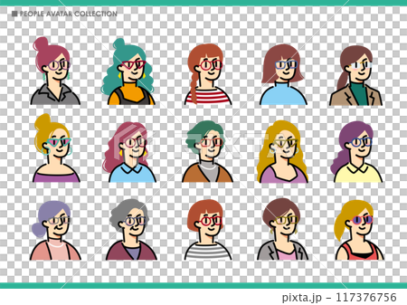 シンプルな女性アイコンのセット。めがね。 117376756