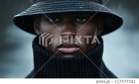African American Man in black sweater and black bucket hat 117377381