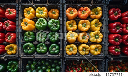 Various sweet peppers in plastic box, food storage or market 117377514