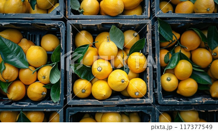 Lemon storage. Set of raw lemons in boxes. Top view. Lemon storage. Set of raw lemons in boxes. Top view. 117377549