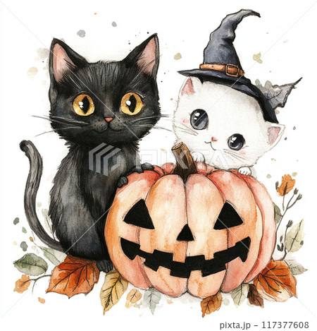 黒猫と白猫とジャックランタンのイラスト素材 [117377608] - PIXTA
