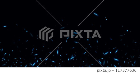 Blue fire sparks, abstract glowing embers, heat sparkles, flying flame cinder. 117377636