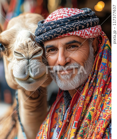 Middle Eastern man with camel close up portrait 117377637