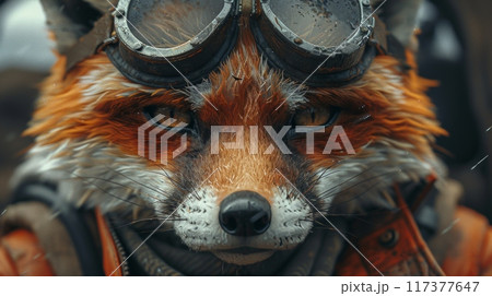 Fox wearing goggles and pilot dress. gloomy portrait of a cyberpunk animal 117377647
