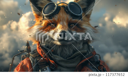 Fox wearing goggles and pilot dress. gloomy portrait of a cyberpunk animal 117377652