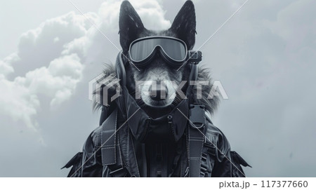 Dog wearing goggles and pilot dress. gloomy portrait of a cyberpunk dog 117377660
