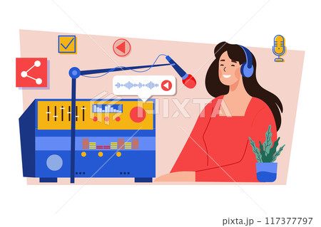Young woman in headphones singing in the recording studio Illustration concept on white background 117377797