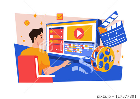 Video creator edits video with professional equipment Illustration concept on white background 117377801