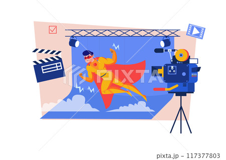 Superhero movie-making scene with special effects Illustration concept on white background Superhero movie-making scene with special effects Illustration concept on white background 117377803