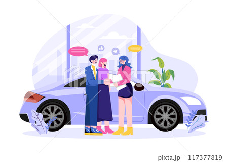Happy customers couple handshaking with a manager in an auto salon 117377819