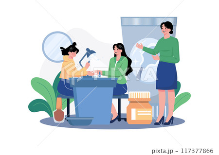 Women in a nail salon receive manicures from beauticians. Women in a nail salon receive manicures from beauticians. 117377866