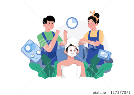 Woman applies a white moisturizing mask. 117377871