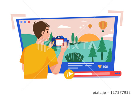 Guy recording vlog video on a camera Illustration concept on white background 117377932