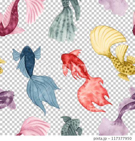 Seamless pattern with colorful fish. Watercolor illustration. Simple, stylized style of sea animals. Hand drawn isolated background. Underwater world of sea fauna for textiles, paper. Ocean and sea. 117377950