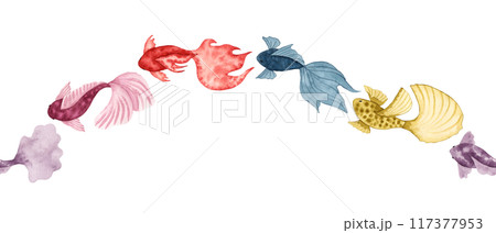 Seamless border of various fish. Watercolor illustration. Simple, stylized style of sea animals. Hand drawn isolated art. Underwater world of sea fauna for banner or ornament. Ocean and sea. 117377953