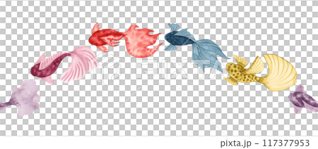 Seamless border of various fish. Watercolor illustration. Simple, stylized style of sea animals. Hand drawn isolated art. Underwater world of sea fauna for banner or ornament. Ocean and sea. 117377953