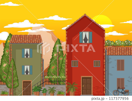Charming Sunset Over Colorful Houses 117377956