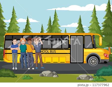 Friends Posing by School Bus Friends Posing by School Bus 117377962