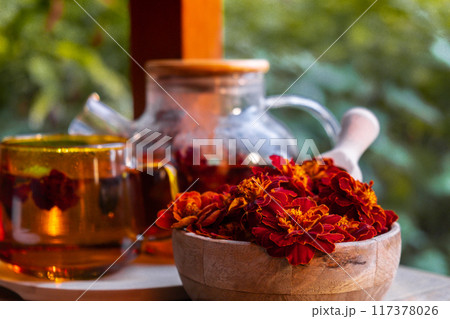 Marigold tea still life on table in green garden background. Healthy hot drink benefits. Natural organic aromatic drink in cup. Home-grown immunity-boosting herbs for tea. Autumn winter warming drink 117378026