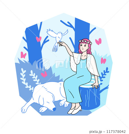 自然の中で動物と触れ合う女性のイラスト　仲介者 117378042