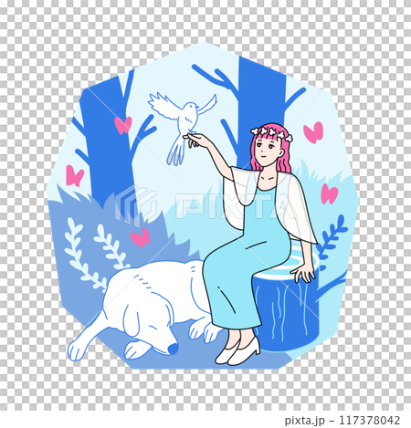 一名婦女與自然界中的動物互動的插圖-調解員 117378042