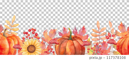 Autumn leaves with berries, pumpkins and mushrooms. Seamless border. Hand drawn isolated botanical frame. Watercolor illustration. Background for invitations to harvest festival, thanksgiving. 117378108