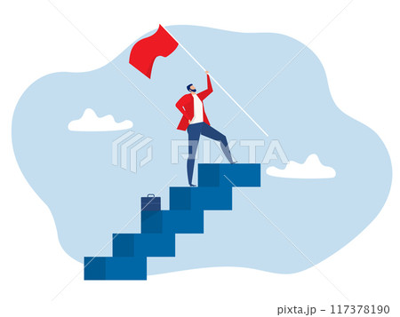 Success fearless male entrepreneur. Business man leadership ,businessman on top of career staircase holding winning flag looking for future visionary. Success fearless male entrepreneur. Business man leadership ,businessman on top of career staircase holding winning flag looking for future visionary. 117378190